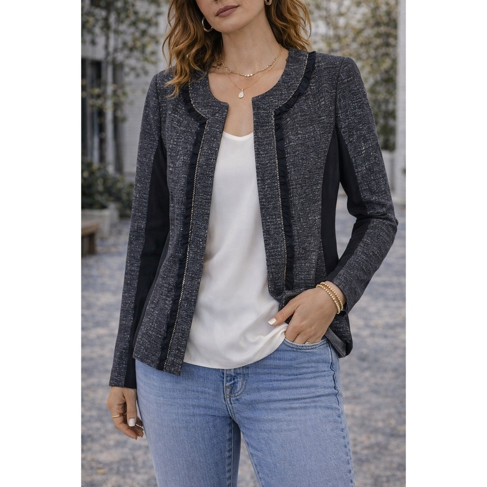 Express Womens 8 Charcoal Metallic Tweed Ruffle Chain Trim Open Front Blazer
